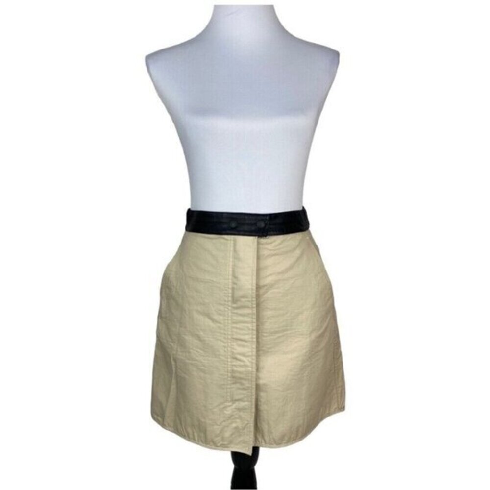 Rag & Bone Tan Cotton Mini Skirt Black Leather Waistband Size 2 Made in USA